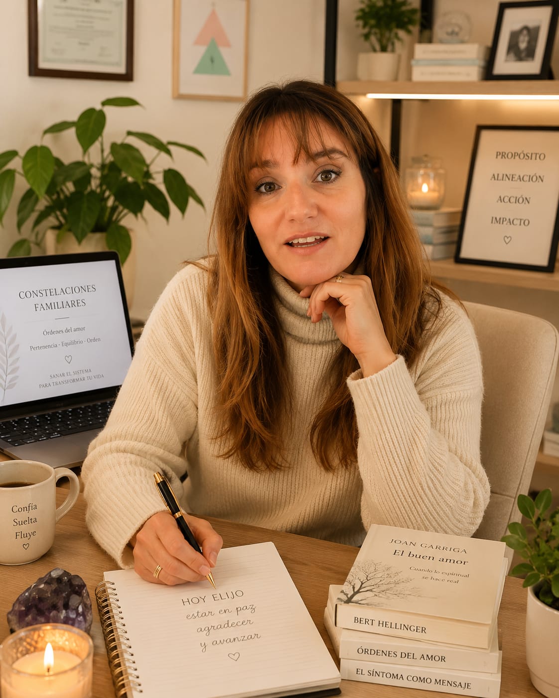 Natalie Olea en su espacio de trabajo, con los libros 'Órdenes del Amor' de Bert Hellinger y 'El buen amor' de Joan Garriga visibles al fondo